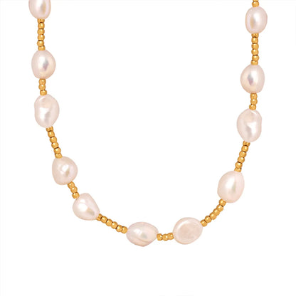 Elegant Simple Style Round Freshwater Pearl Titanium Steel 18k Gold Plated Necklace In Bulk