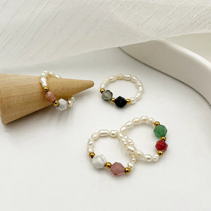 Elegant Simple Style Round Natural Stone Freshwater Pearl Beaded Plating Gold Plated Women's Rings