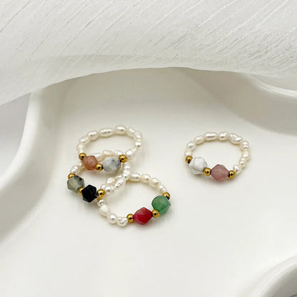 Elegant Simple Style Round Natural Stone Freshwater Pearl Beaded Plating Gold Plated Women's Rings