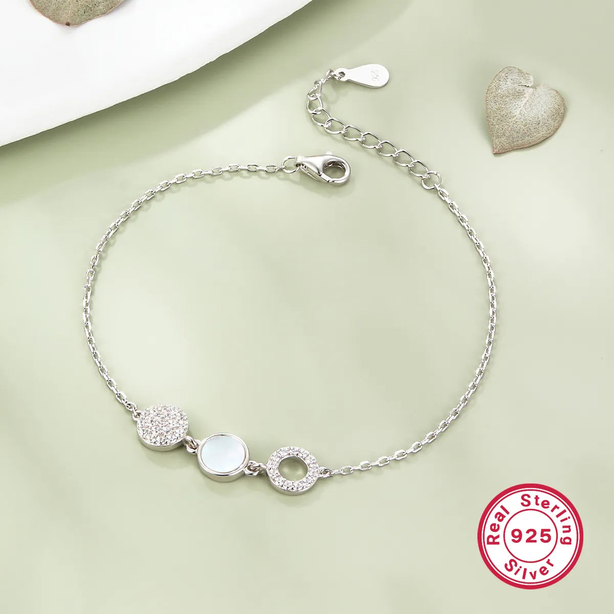 Elegant Simple Style Round Sterling Silver Plating Inlay Shell Zircon White Gold Plated Bracelets