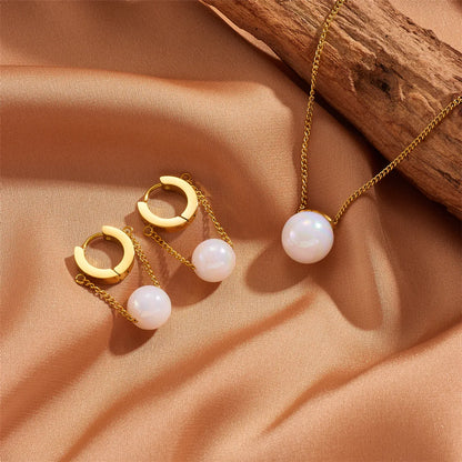 Elegant Simple Style Round Titanium Steel Plating Chain Inlay Pearl 18k Gold Plated Earrings Necklace