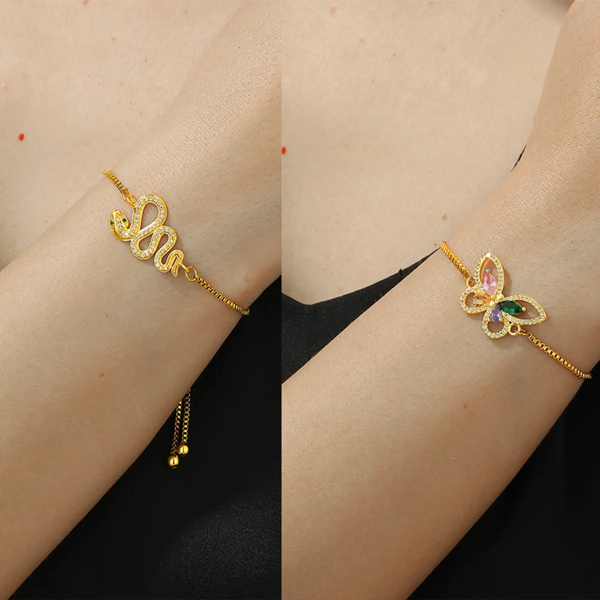 Elegant Simple Style Snake Butterfly Copper Plating Hollow Out Inlay Zircon 18k Gold Plated Bracelets