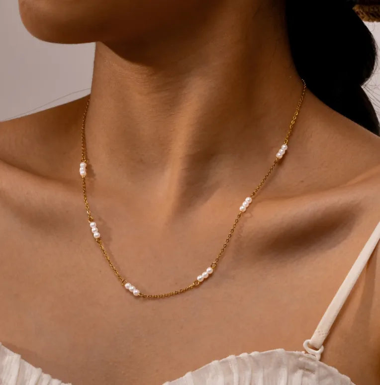 Elegant Simple Style Solid Color 18K Gold Plated 304 Stainless Steel Imitation Pearl Titanium Steel Wholesale Necklace