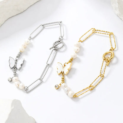 Elegant Simple Style Solid Color Butterfly Stainless Steel Beaded Plating Inlay Shell Zircon 14k Gold Plated Bracelets