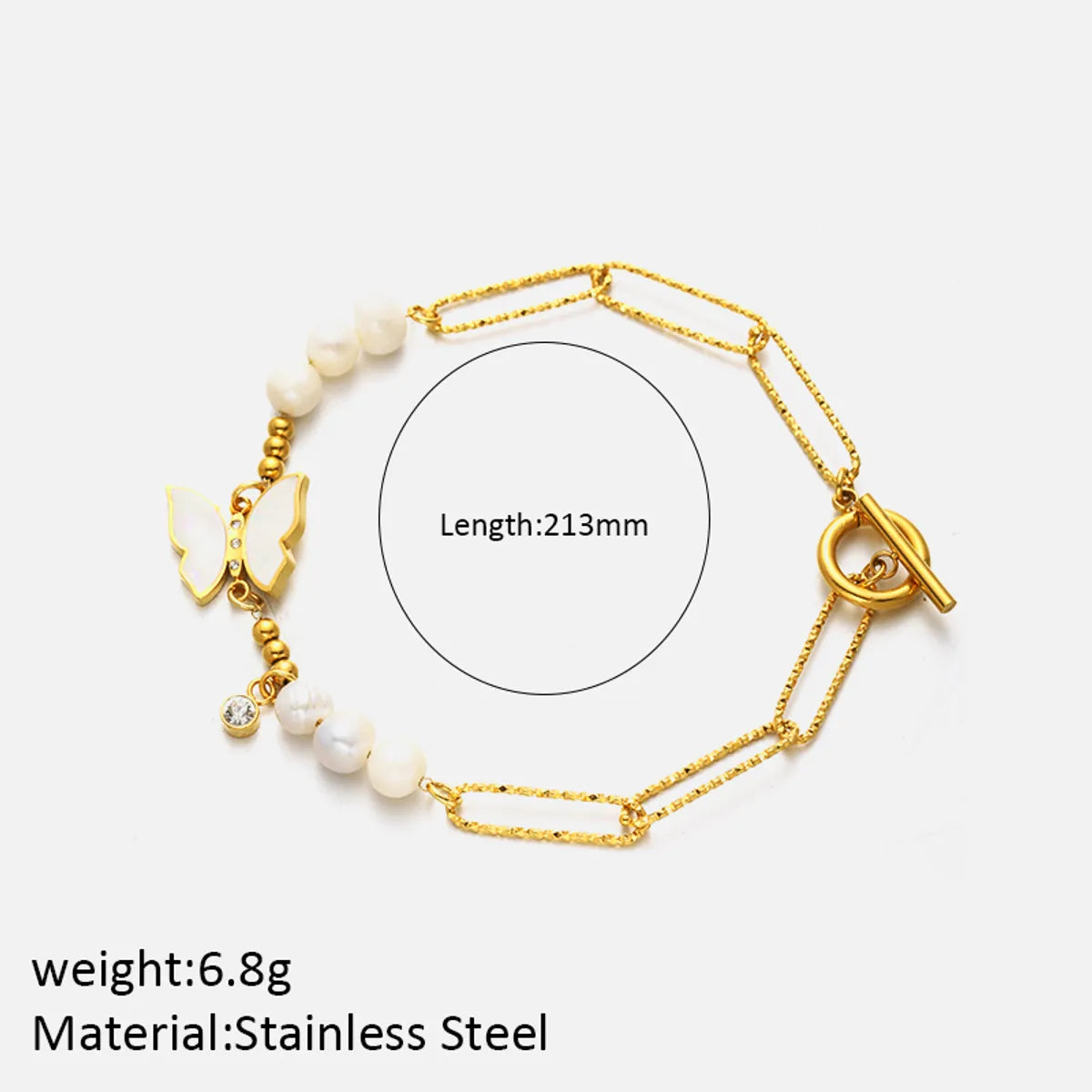 Elegant Simple Style Solid Color Butterfly Stainless Steel Beaded Plating Inlay Shell Zircon 14k Gold Plated Bracelets