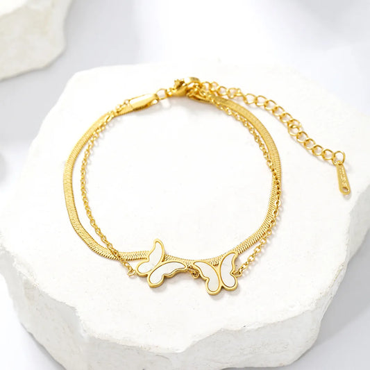 Elegant Simple Style Solid Color Butterfly Stainless Steel Plating Inlay Shell 14k Gold Plated Bracelets