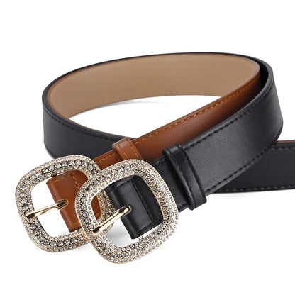 Elegant Simple Style Solid Color Pu Leather Alloy Inlay Rhinestones Women'S Leather Belts