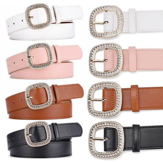 Elegant Simple Style Solid Color Pu Leather Alloy Inlay Rhinestones Women'S Leather Belts