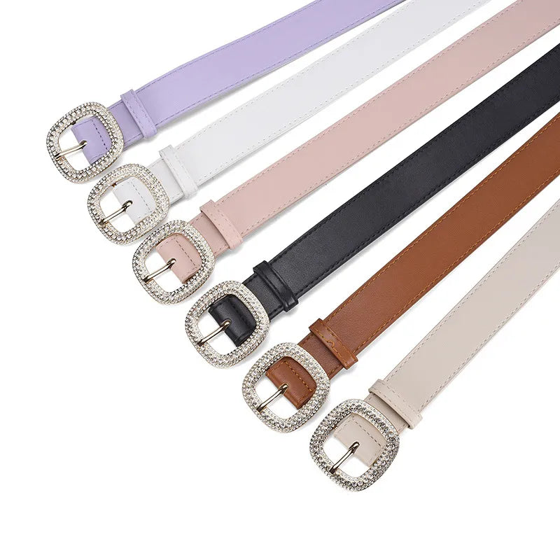 Elegant Simple Style Solid Color Pu Leather Alloy Inlay Rhinestones Women'S Leather Belts