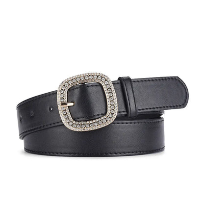 Elegant Simple Style Solid Color Pu Leather Alloy Inlay Rhinestones Women'S Leather Belts