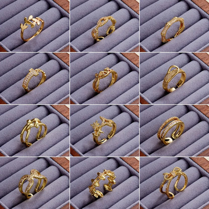 Elegant Simple Style Star Bow Knot Copper Gold Plated Zircon Open Rings In Bulk