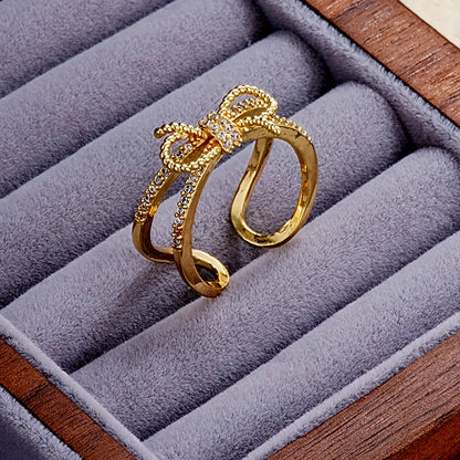 Elegant Simple Style Star Bow Knot Copper Gold Plated Zircon Open Rings In Bulk