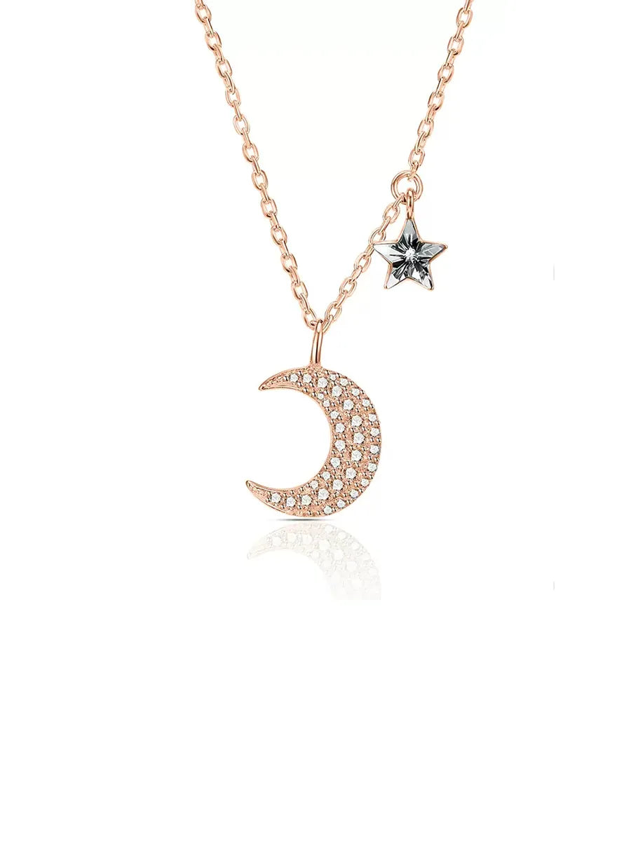 Elegant Simple Style Star Moon Sterling Silver Rose Gold Plated White Gold Plated Zircon Pendant Necklace In Bulk