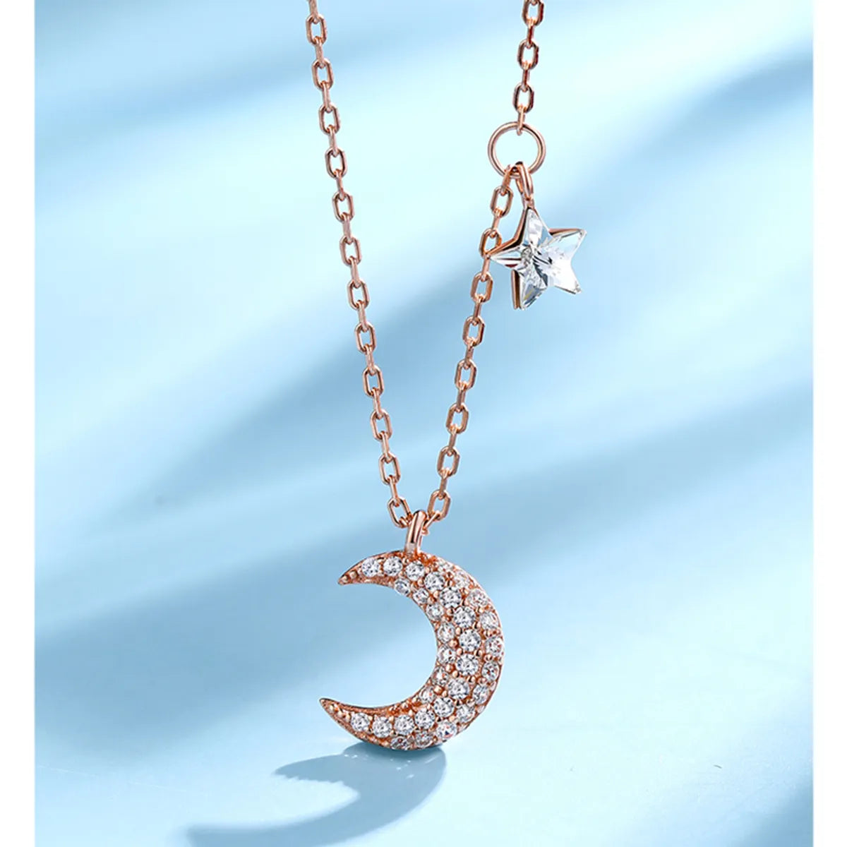 Elegant Simple Style Star Moon Sterling Silver Rose Gold Plated White Gold Plated Zircon Pendant Necklace In Bulk