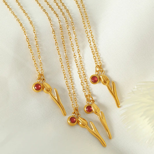 Elegant Simple Style Tulip Titanium Steel Plating Inlay Rhinestones 18k Gold Plated Necklace