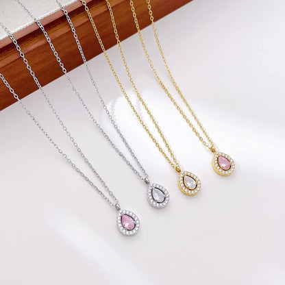 Elegant Simple Style Water Droplets Stainless Steel White Gold Plated Gold Plated Zircon Pendant Necklace In Bulk