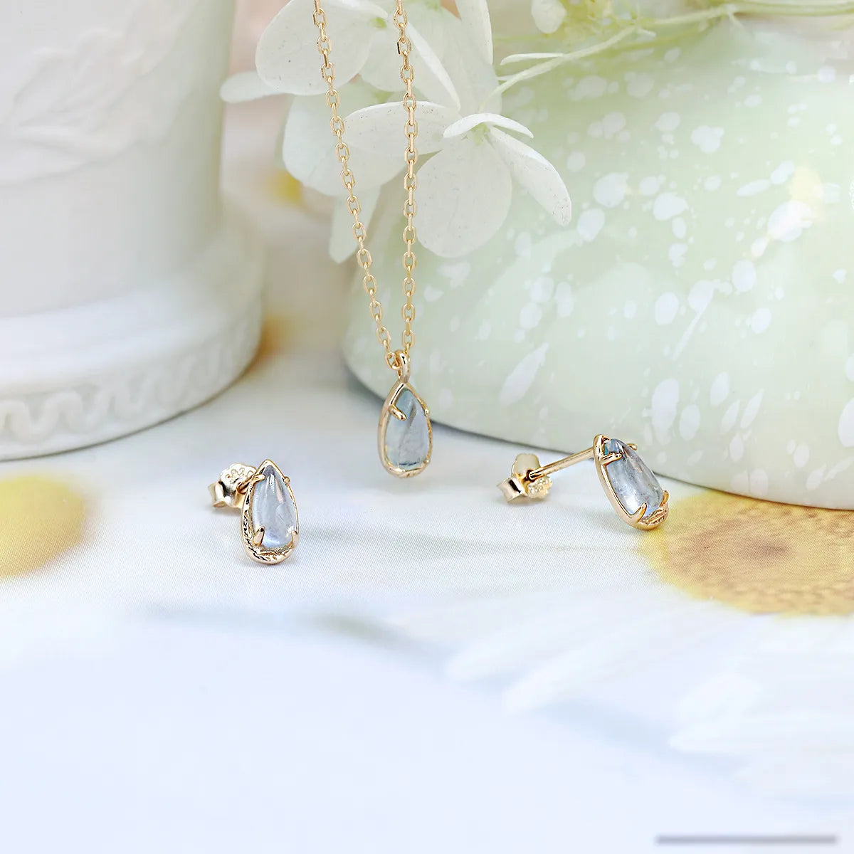 Elegant Simple Style Water Droplets Sterling Silver Inlay Gem Gold Plated Women's Earrings Necklace