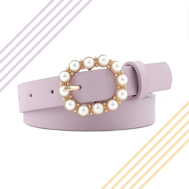 Elegant Solid Color Pu Leather Alloy Inlay Artificial Pearls Women'S Leather Belts