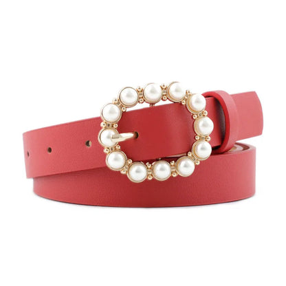 Elegant Solid Color Pu Leather Alloy Inlay Artificial Pearls Women'S Leather Belts