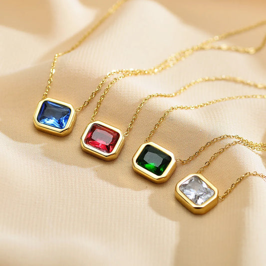 Elegant Square Stainless Steel Inlay Zircon Pendant Necklace