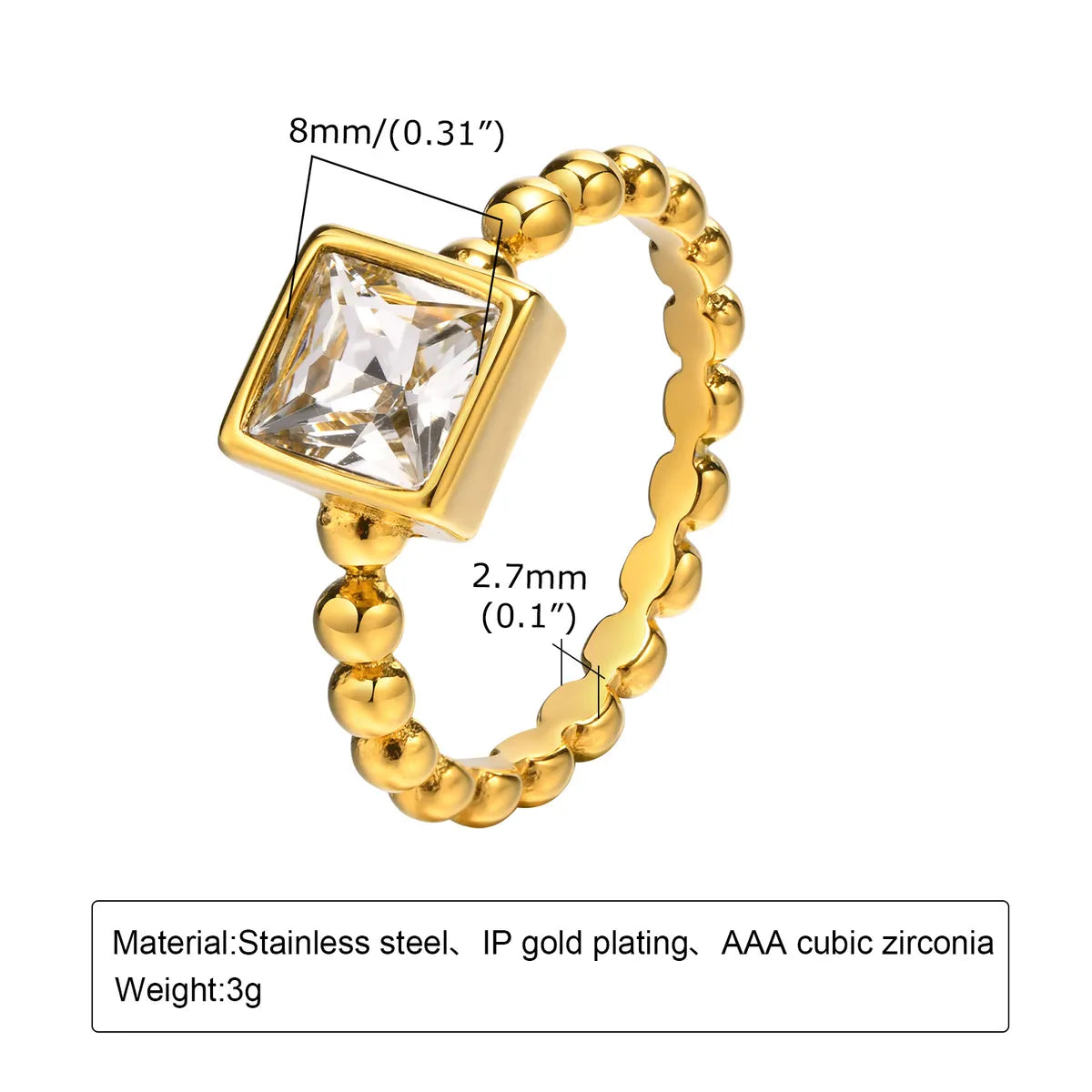 Wholesale Jewelry Elegant Square 201 Stainless Steel Zircon Gold Plated Plating Inlay Rings