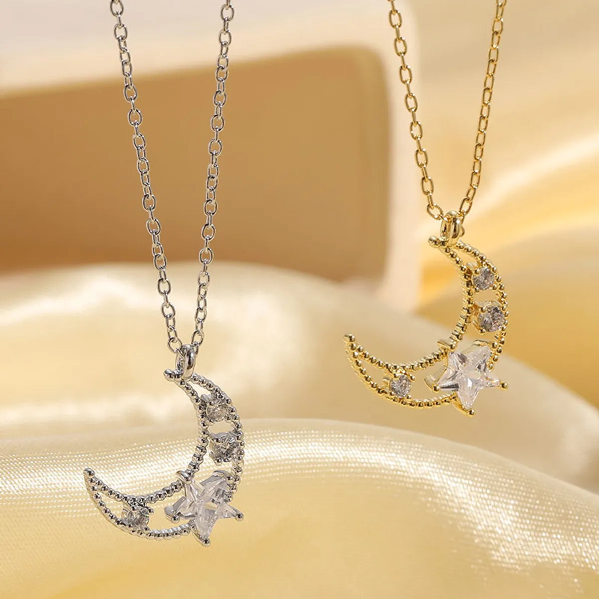 Elegant Star Moon Copper Plating Inlay Zircon 14k Gold Plated Necklace