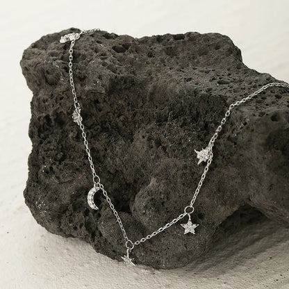 Elegant Star Moon Sterling Silver Plating Inlay Zircon White Gold Plated Necklace