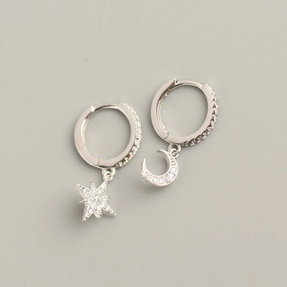 Elegant Star Moon Sterling Silver Plating Rhinestones Earrings 1 Pair