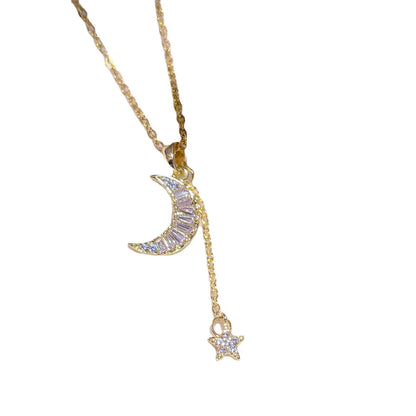 Elegant Star Moon Titanium Steel Plating Inlay Zircon 18k Gold Plated Necklace