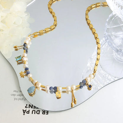 Wholesale Jewelry Elegant Star Water Droplets Freshwater Pearl Titanium Steel Brass Natural Stone Glass Stone 18K Gold Plated Inlay Necklace