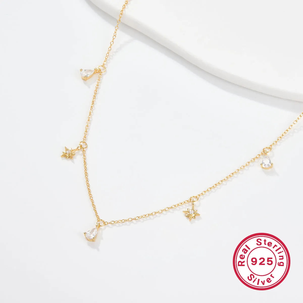 Elegant Star Water Droplets Sterling Silver Inlay Zircon 18k Gold Plated Necklace