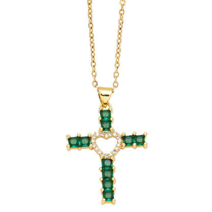 Elegant Streetwear Cross Heart Shape Copper 18k Gold Plated Zircon Pendant Necklace In Bulk