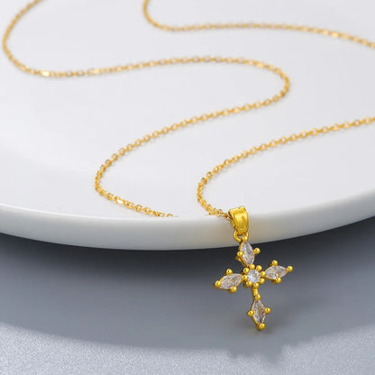 Elegant Streetwear Cross Stainless Steel Copper Plating Inlay Zircon 18k Gold Plated Pendant Necklace