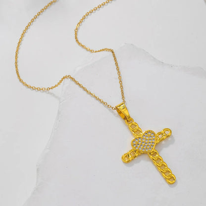 Elegant Streetwear Cross Stainless Steel Copper Plating Inlay Zircon 18k Gold Plated Pendant Necklace