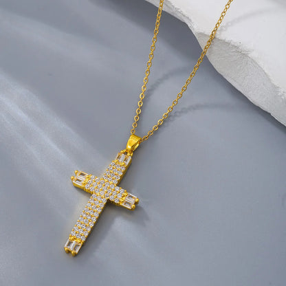 Elegant Streetwear Cross Stainless Steel Copper Plating Inlay Zircon 18k Gold Plated Pendant Necklace