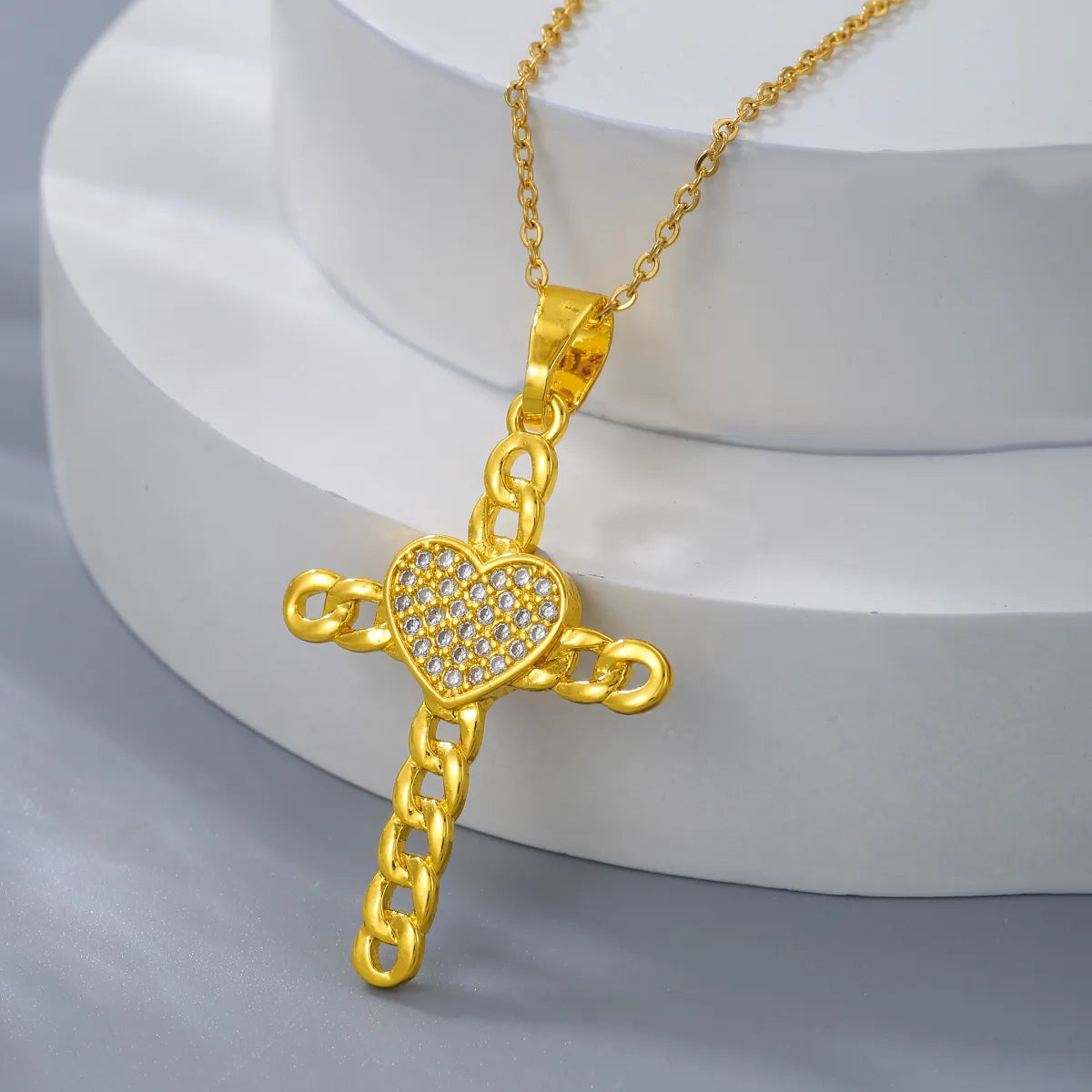 Elegant Streetwear Cross Stainless Steel Copper Plating Inlay Zircon 18k Gold Plated Pendant Necklace