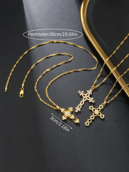 Elegant Streetwear Cross Stainless Steel Copper 18k Gold Plated Zircon Pendant Necklace In Bulk