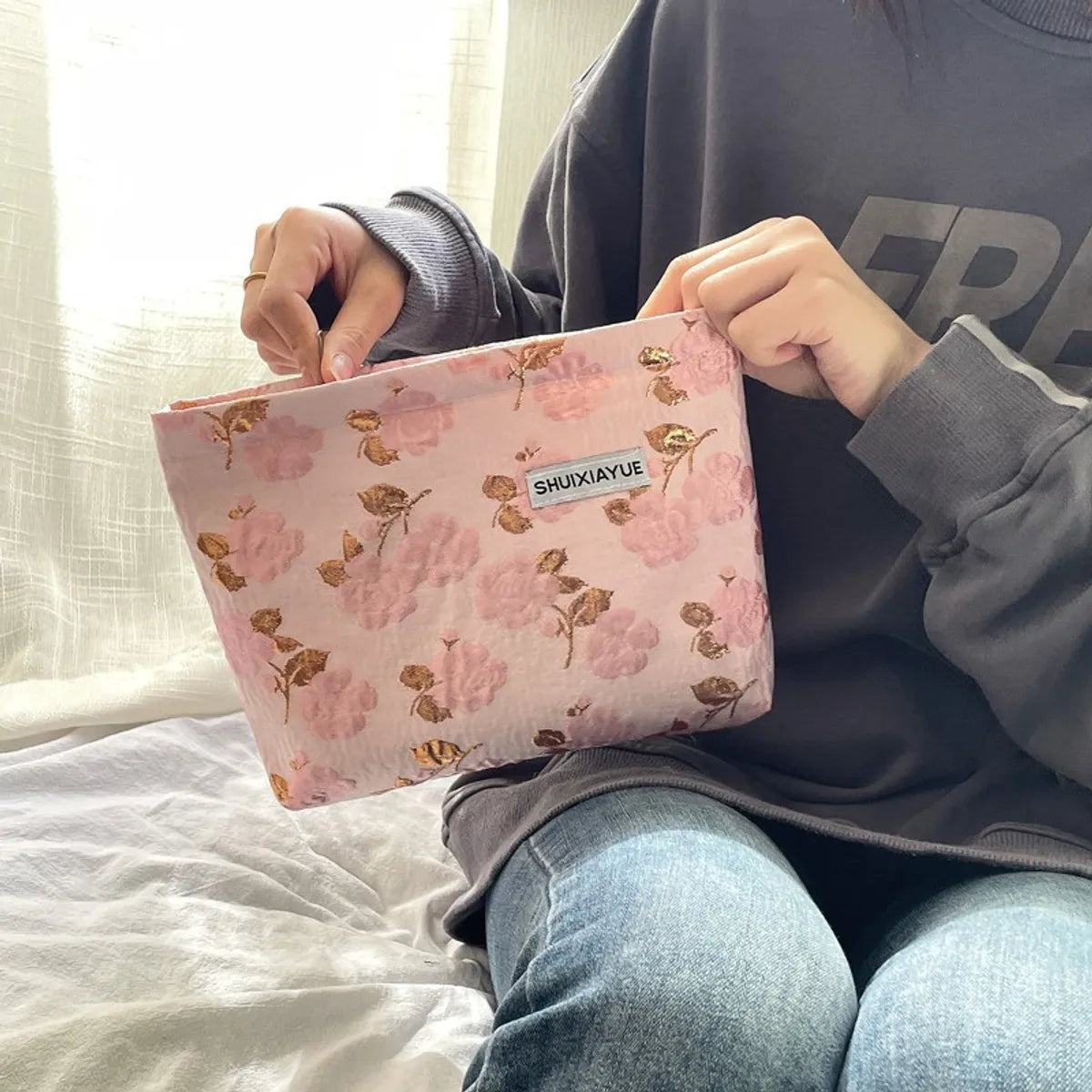 Elegant Streetwear Flower Canvas Square Makeup Bags