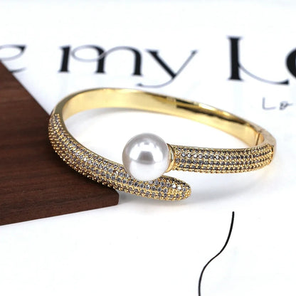 Elegant Streetwear Geometric Solid Color Artificial Pearls Zircon Artificial Pearl Copper Wholesale Bangle