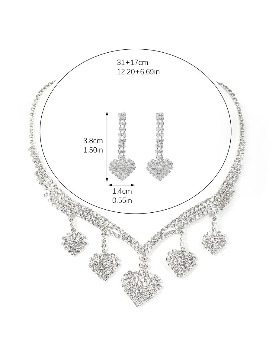 Elegant Streetwear Heart Shape Alloy Inlay Rhinestones Silver Plated Women's Earrings Necklace