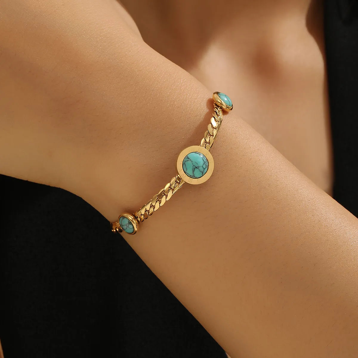 Elegant Streetwear Human Ditsy Floral Butterfly Titanium Steel 18K Gold Plated Turquoise Bracelets In Bulk