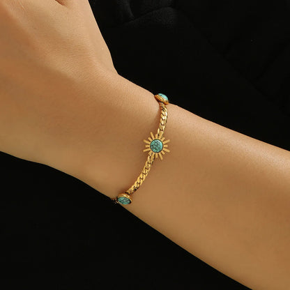 Elegant Streetwear Human Ditsy Floral Butterfly Titanium Steel 18K Gold Plated Turquoise Bracelets In Bulk