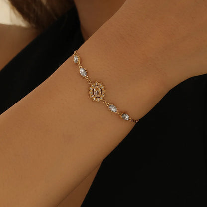 Elegant Streetwear Oval Flower Titanium Steel 18K Gold Plated Artificial Crystal Bracelets In Bulk