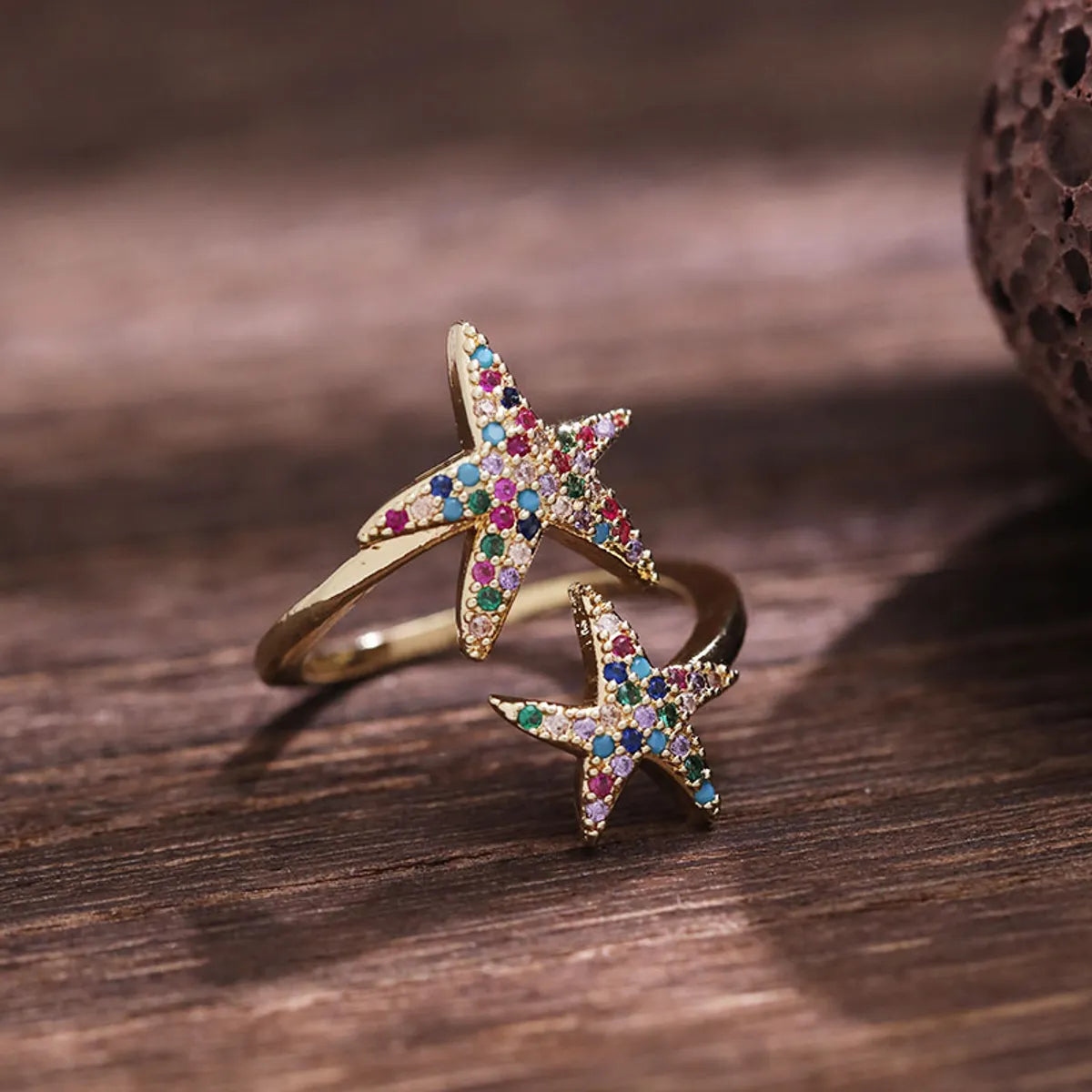 Elegant Streetwear Pentagram Copper Inlay Zircon Open Rings