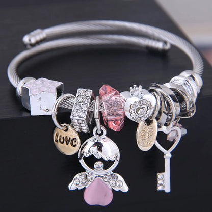 Elegant Streetwear Pentagram Heart Shape Key Stainless Steel Inlay Zircon Bangle