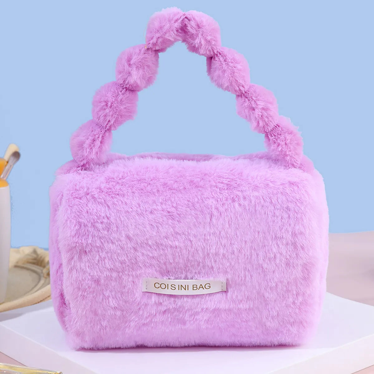 Elegant Streetwear Solid Color Plush Square Makeup Bags