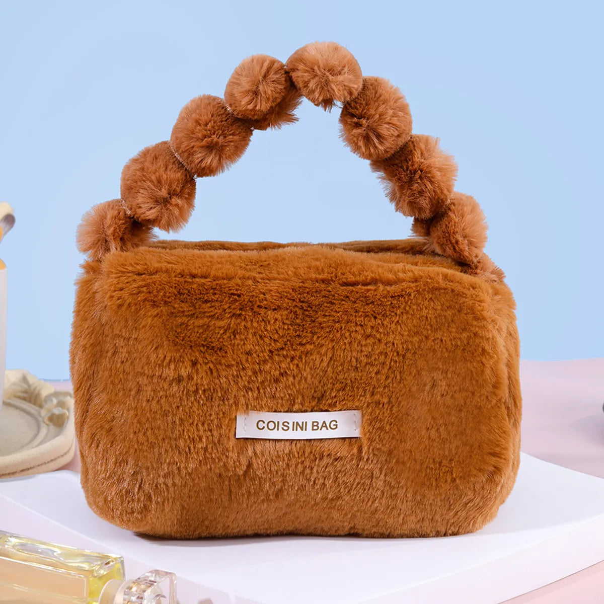 Elegant Streetwear Solid Color Plush Square Makeup Bags