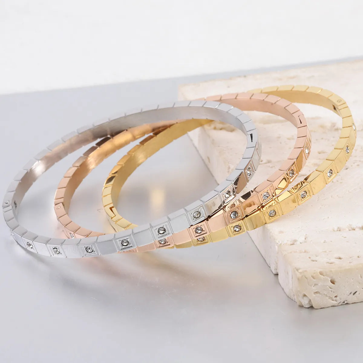 Elegant Streetwear Solid Color Titanium Steel Inlay Zircon Bangle