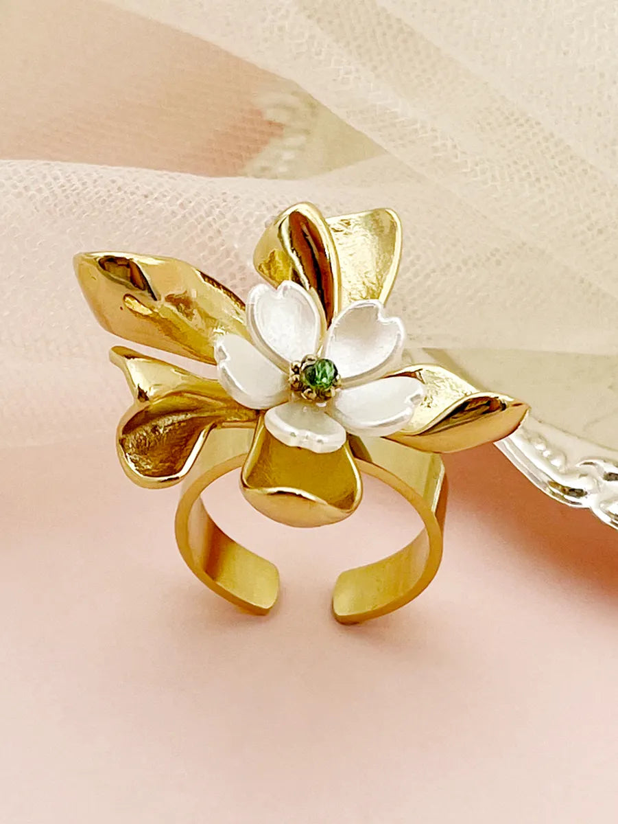 Elegant Sweet Artistic Flower Stainless Steel Fritillary Polishing Plating Inlay Crystal Gold Plated Open Ring