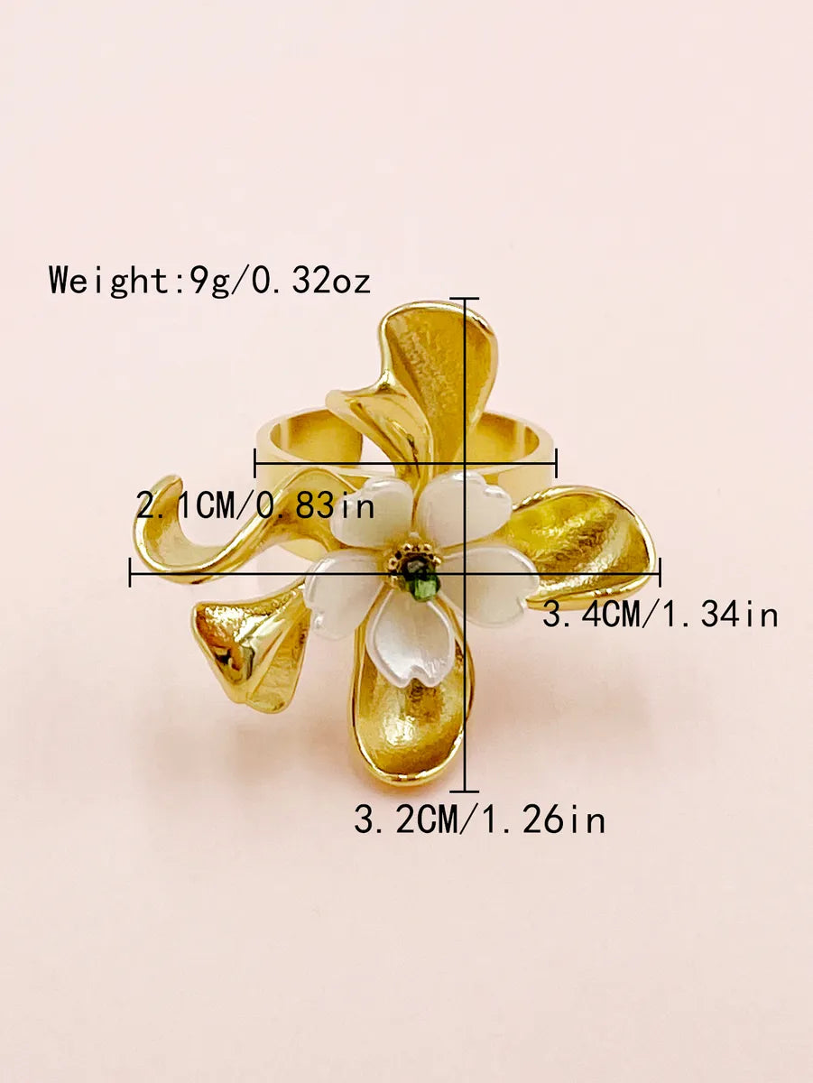 Elegant Sweet Artistic Flower Stainless Steel Fritillary Polishing Plating Inlay Crystal Gold Plated Open Ring